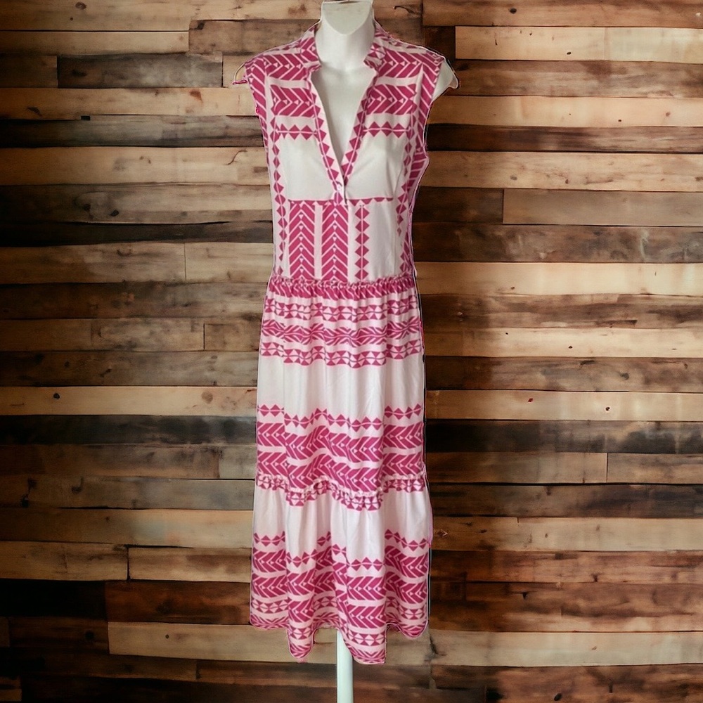 🤑10/$100 Boho Chic Bohemian pink White Abstract Sleeveless V Neck Dress M